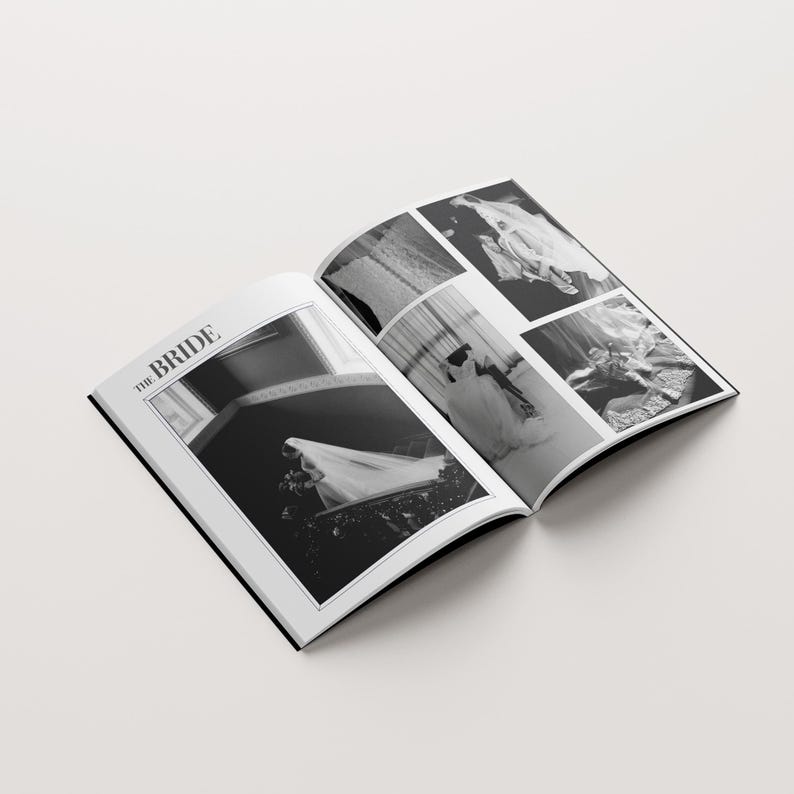 Portrait wedding magazine template mockup on dark black silk fabric background, vertical high-fashion photography layout for couples, minimalist 50-page art book editable in Canva, luxury cream paper wedding keepsake, editorial photography spread, professional photography portfolio, coffee table book aesthetic, modern typography, high-contrast cinematic shadows, DIY wedding stationery, luxury bridal gift, cinematic wedding album design by ModusAtelier, printable high-resolution 300 DPI.