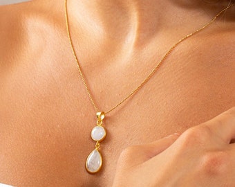 Moonstone pendant necklace, sterling silver coated 18K gold, dangling moon stone necklace