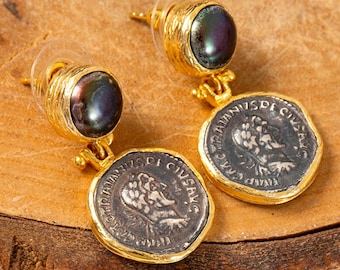 Roman Imperial coin with black pearl Earrings, sterling silver, pearl post earrings, pearl studs, big pearl earrings, antique coin earrings