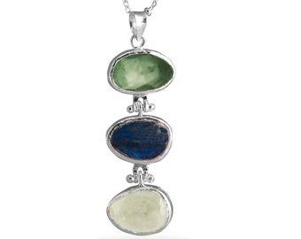 Collar colgante de oro de triple piedra con amatista verde, labradorita llamativa azul y piedra lunar blanca,