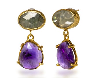 Boucles d’oreilles en pierre d’améthyste et labradorite pourpres, vermeil d’or au-dessus de l’argent sterling, coupe rose de forme libre, dessus de goujon de poteau arrière