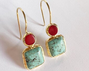 Coral and Turquoise Earrings made with sterling silver coated in 18K gold, dangling small dainty square turquoise red coral natural gemstone