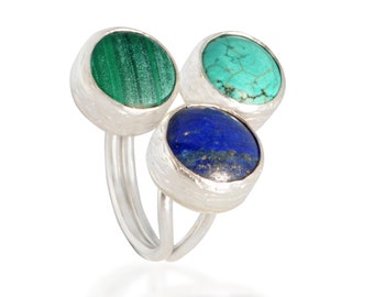 Lapis Lazuli, Turquoise and Malachite ring, gold lapis ring, blue Lapis Lazuli, naturalgemstone ring, big lapislazuli ring