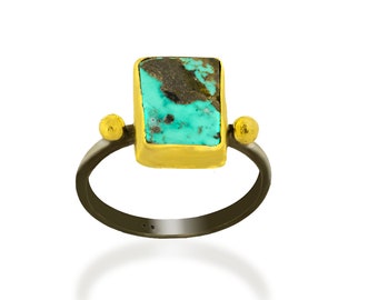 Rectangle cut Turquoise Ring. Natural turquoise ring, oxidized silver ring, gold vermeil coat, bi-color metal, genuine turquoise ring