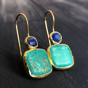Turquoise and Lapis Lazuli Earrings, with Sterling Silver Settings Coated in Gold Vermeil image 5