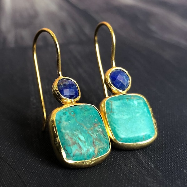 Turquoise Square Earrings With Lapis Lazuli Stones on Silver Settings Coated with Gold Vermeil, blue earrings, dangling earrings