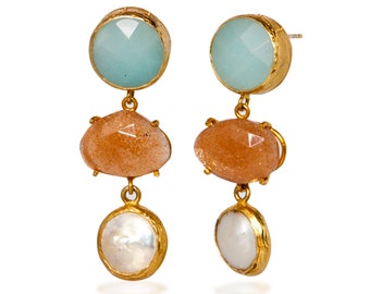 Aventurine, Pearl and Sunstone Earrings, sterling silver coated with 18K gold, real genuine natural stone designer earrings