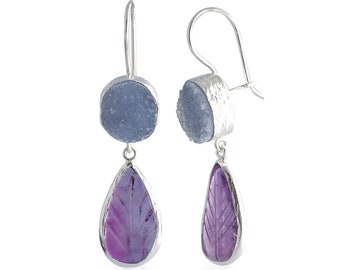 Natural blue druzy chalcedony and amethyst dangling sterling silver earrings, leaf shape carved natural genuine purple amethyst gemstones