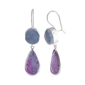 Amethyst Blatt & blaue Druzy Chalcedon Sterling Silber Ohrringe