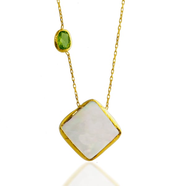 Square Mother of pearl with green peridot stone Necklace, gold vermeil over sterling silver, white rainbow mop shell, asymmetric, geometric