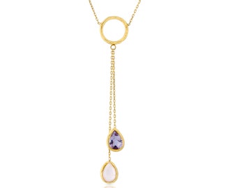 Amethyst and Pink Quartz Pendant Necklace, made with sterling silver coated in 18K gold vermeil