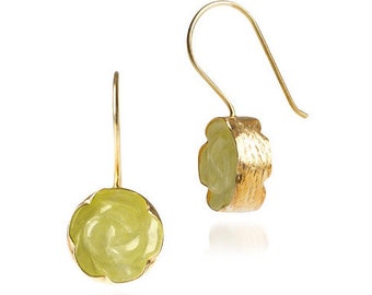 Chartreuse Green Earrings with Rose Carved Jade stones, flower earrings, sterling silver french hook style earrings with 18K gold vermeil