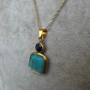 Turquoise and Lapis Lazuli Pendant necklace, with Sterling Silver Settings Coated in Gold Vermeil