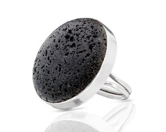 Bague noire en pierre de lave ronde, en argent sterling, grosse bague noire, grosse bague, bague tendance, bague de cocktail