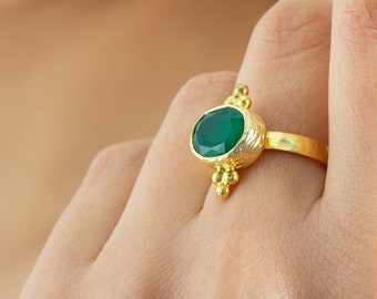 Green Jade Silver Ring made with solid sterling silver coated in gold. emerald green jade stone