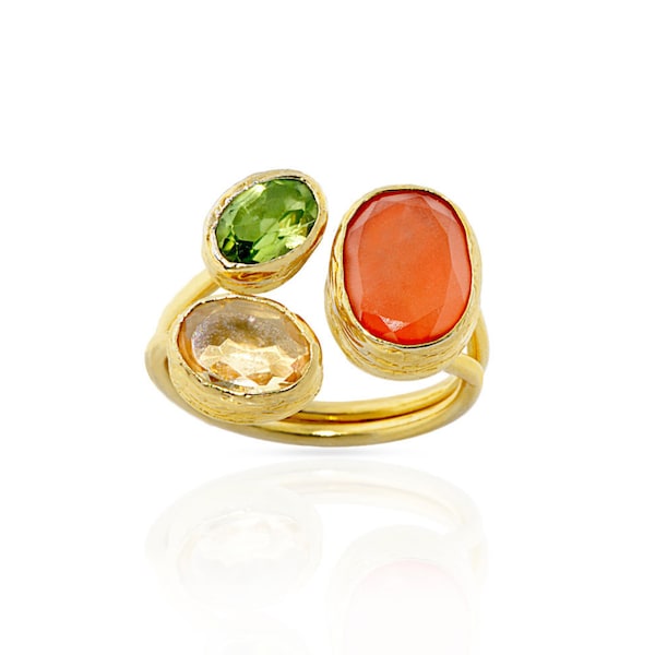 Citrine, carnelian and peridot Trio Ring made with silver coated in gold Big yellow green orange three gemstones statement ring