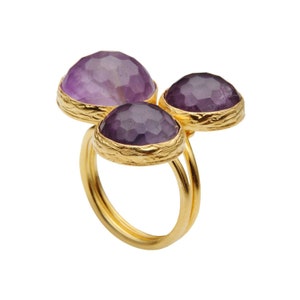 Amethyst Ring with three stones, Big amethyst ring, gold vermeil over sterling silver, cocktail ring, big statement ring, purple ring image 1