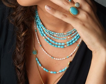 Turquoise Pearl Multi Layer Necklace: 18K Gold Sterling Silver Statement Jewelry