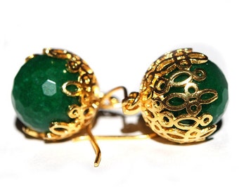 Green Jade Ball Earrings, dangling ball earrings, sphere gem earrings, gemstone round stone earrings