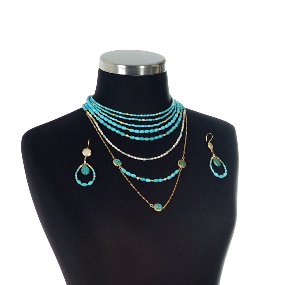 ネックレス・ペンダント Pearl and Turquoise Combi Necklace #9717 Turquoise and Pearl Long Multi Layer Statement Necklace