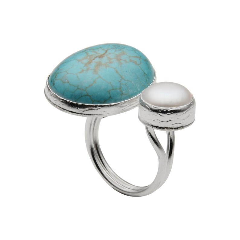 Turquoise Pearl Ring made with sterling silver coated 18K gold turquoise ring Big turquoise ring Statement ring Two gemstone ring image 5