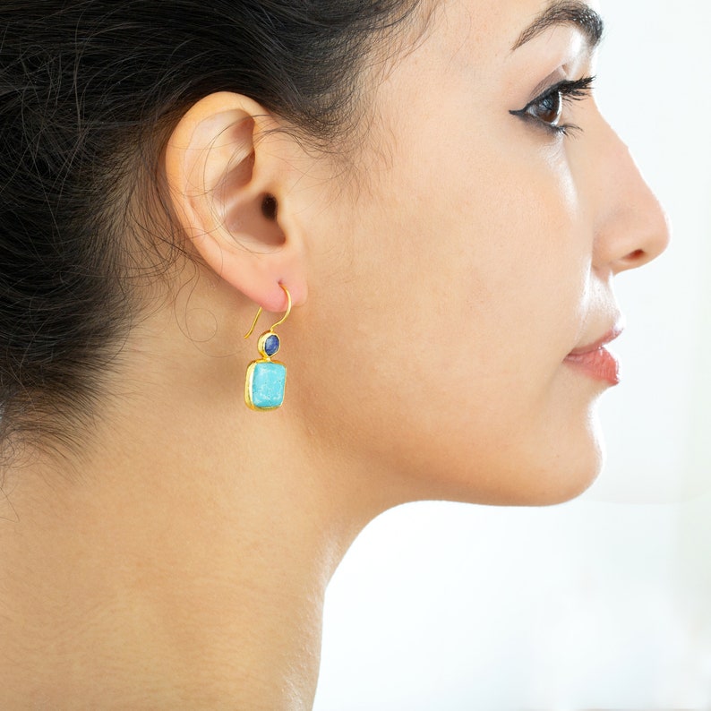 Turquoise and Lapis Lazuli Earrings, with Sterling Silver Settings Coated in Gold Vermeil image 4