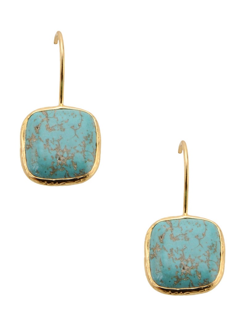 Turquoise Square Earrings With Silver Settings Coated with Gold Vermeil, turquoise earrings, blue earrings, dangling earrings, simple design image 5