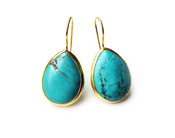 Turquoise Drop Silver Earrings with big stones, made with solid sterling silver and coated in 18 Karat Gold