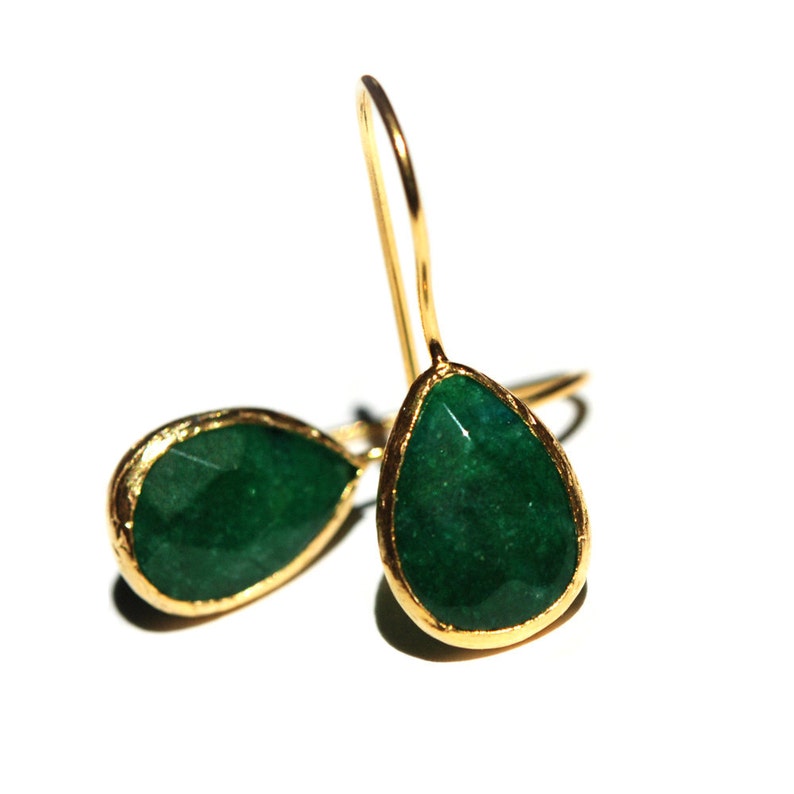 Emerald Green Drop Earrings in 925K sterling silver coated in 18K gold ,emerald green drops, dangling drops, small drops with french hooks image 1