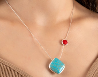 Turquoise Square and coral Assymethric Necklace