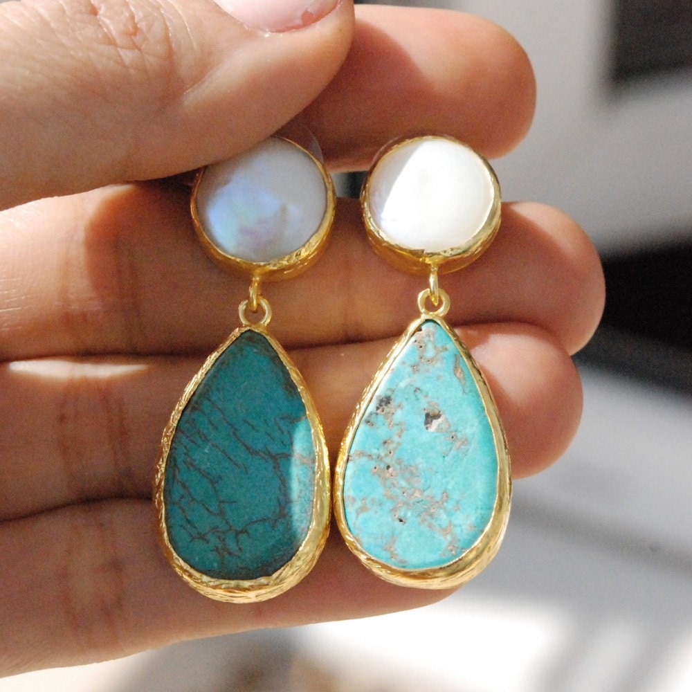 Turquoise drops and Pearl Stud long dangling Earrings in 925K Etsy