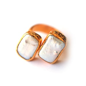 Rectangle Pearl Ring: Twisted Thick Band, 18k Gold Plated Sterling Silver
