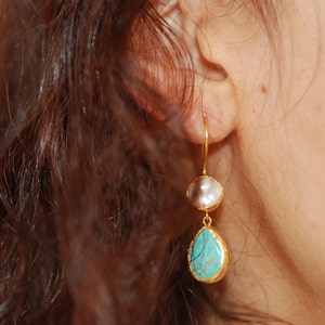 Long Turquoise and Pearl drop dangling Earrings made with sterling silver coated in 18K gold, teardrop Turquoise Jewelry birthstone earring image 4