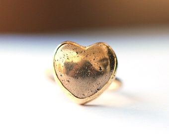 Gold Heart Ring with a Pyrite Stone, prepared with sterling silver 18K gold coat, golden heart, valentines day gift