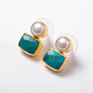 Boucles d'oreilles en forme de rectangles turquoise et perles en argent sterling 925 carats recouvert d'or 18 carats, boucles d'oreilles en turquoise et perles, clous turquoise image 10