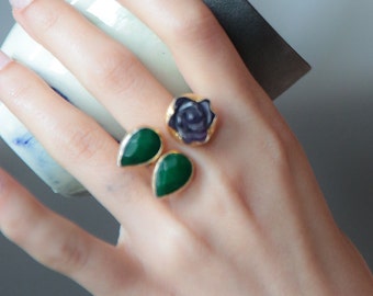 Amethyst Rose cut ring with jade drops, Rose from my Garden Jade and Amethyst ring, jade drops ring, purple and green ring, amethyst ring