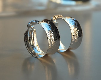 Handmade Hammered Sterling Silver Hoop Earrings: Chunky Wide Hoops