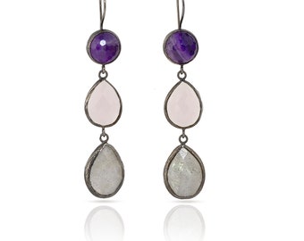 Amethyst  long silver Earrings with Amethyst, Pink Quartz and labradorite Stones, purple, pink and gray genuine gemstones