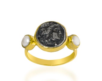 Roman Imperial coin with White pearl Ring, gold vermeil over sterling silver, antique coin ring, ancient coin ring, pearl ring, Byzantium