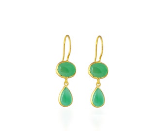 Dangling Green Onyx Earrings, sterling silver coated with 18K gold vermeil, green long earrings, dangling hook earrings