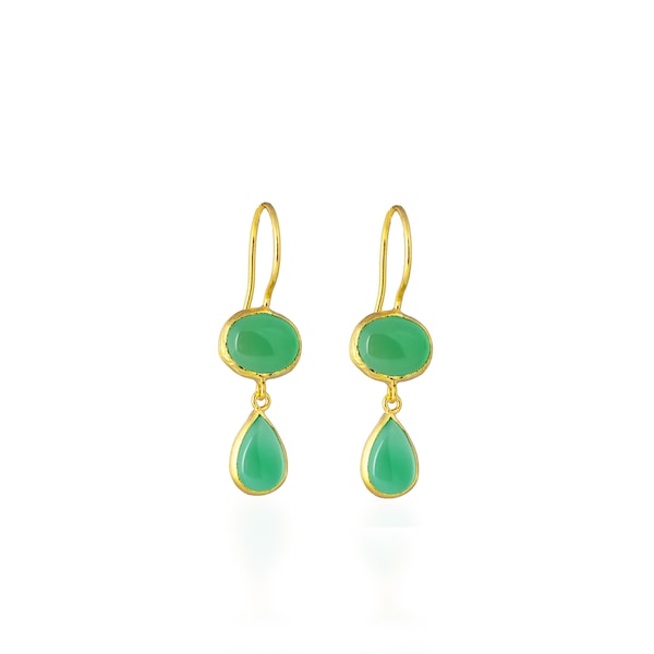 Dangling Green Onyx Earrings, sterling silver coated with 18K gold vermeil, green long earrings, dangling hook earrings