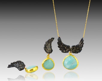 Angel Wings Necklace and Earrings Set with Aventurine stones made with sterling silver and 18K gold vermeil settings, lost wax technique