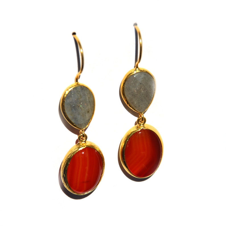 long drop earrings Burnt Orange Agate and Grey labradorite Earrings long earrings gift for her