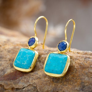 Turquoise and Lapis Lazuli Earrings, with Sterling Silver Settings Coated in Gold Vermeil