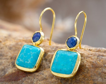 Turquoise and Lapis Lazuli Earrings, with Sterling Silver Settings Coated in Gold Vermeil