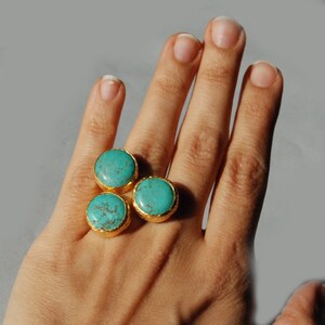 Big turquoise ring, with three stones, statement ring, gold vermeil over sterling silver, big blue turquoise ring, chunky ring, boho ring image 4