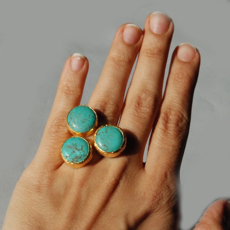 Big turquoise ring, with three stones, statement ring, gold vermeil over sterling silver, big blue turquoise ring, chunky ring, boho ring image 4