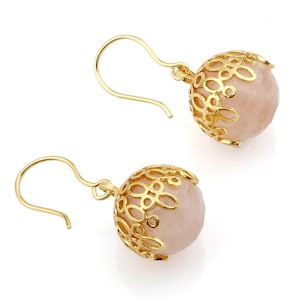 Pink Quartz Ball Earrings - Lacy Balls Earrings made with sterling silver coated in 18K gold, pink drops, dangling drops, small lace drops