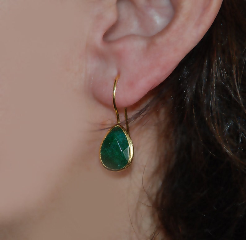 Emerald Green Drop Earrings in 925K sterling silver coated in 18K gold ,emerald green drops, dangling drops, small drops with french hooks image 5