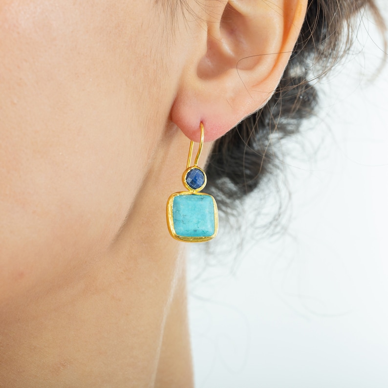 Turquoise and Lapis Lazuli Earrings, with Sterling Silver Settings Coated in Gold Vermeil image 2